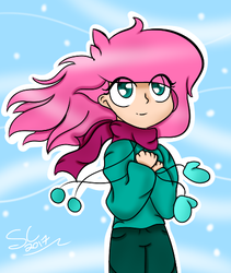 Size: 402x477 | Tagged: safe, artist:sugarcloud12, fluttershy, human, g4, clothes, female, humanized, mittens, solo, sweater, sweatershy, winter