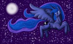 Size: 1250x750 | Tagged: safe, artist:saoirsepdg, princess luna, alicorn, pony, g4, eyes closed, female, flying, mare, missing accessory, moon, solo, spread wings, stars, wings