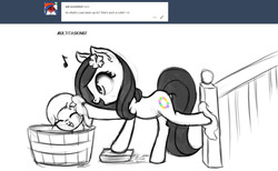Size: 1405x867 | Tagged: safe, artist:nimaru, oc, oc only, oc:butterscotch (nimaru), oc:luau, earth pony, pony, ask, duo, female, filly, mare, monochrome, mother and daughter, multitasking, soap, tub, tumblr