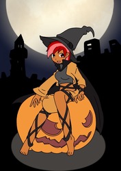 Size: 850x1200 | Tagged: safe, artist:linedraweer, oc, oc only, oc:collar bound, equestria girls, g4, equestria girls-ified, full moon, graveyard, halloween, halloween costume, hat, holiday, jack-o-lantern, moon, pumpkin, sitting, solo, witch, witch hat