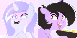 Size: 1024x512 | Tagged: safe, artist:slasharu, oc, oc only, oc:quilly, oc:silver swirls, pony, unicorn, bowl, cookie, female, food, mare, misleading thumbnail, mouth hold, salad