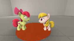 Size: 1920x1080 | Tagged: safe, artist:wiimeiser, apple bloom, oc, oc:puppysmiles, earth pony, pony, fallout equestria, fallout equestria: pink eyes, g4, 3d, blank flank, cutie mark, fanfic, fanfic art, female, filly, foal, grin, hooves, open mouth, palette swap, recolor, shocked, smiling, source filmmaker, teeth, wip