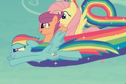 Size: 1624x1086 | Tagged: safe, artist:dsfranch, fluttershy, rainbow dash, scootaloo, pony, g4, flying, rainbow trail, scootalove