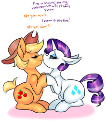 Size: 1815x2065 | Tagged: safe, artist:mrspinkpuds, applejack, rarity, g4, alternate hairstyle, boop, dialogue, eyes closed, female, lesbian, noseboop, older, ship:rarijack, shipping, simple background, smiling, white background