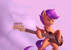 Size: 3508x2480 | Tagged: dead source, safe, artist:jeki, scootaloo, pegasus, pony, g4, abstract background, bass guitar, bipedal, electric guitar, eyes closed, female, filly, guitar, high res, left handed, musical instrument, scootabass, solo
