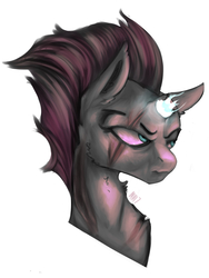 Size: 1500x2000 | Tagged: safe, artist:thegoodowl, tempest shadow, pony, unicorn, g4, my little pony: the movie, broken horn, bust, eye scar, female, frown, horn, magic, portrait, scar, scowl, simple background, solo, sparking horn, sparks, white background