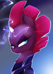 Size: 1954x2678 | Tagged: safe, artist:madacon, tempest shadow, pony, unicorn, g4, my little pony: the movie, broken horn, female, glowing horn, gradient background, horn, looking at you, mare, solo