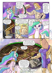 Size: 1363x1920 | Tagged: safe, artist:pencils, princess celestia, alicorn, human, pony, comic:anon's pie adventure, g4, abs, apollo, axe, bow (weapon), butt, cake, chest hair, comic, crown, dialogue, female, food, jewelry, male, map, mare, maze, muscles, open mouth, peytral, plot, regalia, spear, speech bubble, sword, weapon
