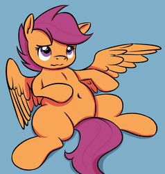 Size: 1280x1342 | Tagged: safe, artist:replacer808, scootaloo, pegasus, pony, g4, belly button, chubby, cute, cutealoo, female, filly, on back, pudgy, simple background, solo