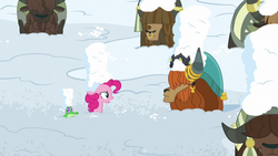 Size: 1280x720 | Tagged: safe, screencap, gummy, pinkie pie, prince rutherford, alligator, pony, yak, not asking for trouble, crown, ear piercing, earring, female, horn ring, jewelry, male, mare, nose piercing, nose ring, piercing, regalia, snow