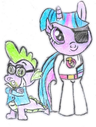 Size: 986x1299 | Tagged: safe, artist:grapefruitface1, spike, twilight sparkle, dragon, g4, 80s, clothes, crossover, danger mouse, drawing, eyepatch, penfold, secret agent, spy, suit