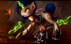 Size: 5000x3125 | Tagged: dead source, safe, artist:apostolllll, oc, oc only, pony, unicorn, blood, fire, magic, solo, sword, weapon