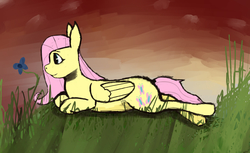 Size: 1800x1100 | Tagged: safe, artist:voloutfelixsit, fluttershy, pegasus, pony, g4, bust, colored, female, flower, folded wings, looking at something, mare, nature, profile, prone, relaxing, solo