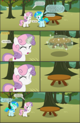 Size: 4552x7001 | Tagged: safe, artist:cyanlightning, sweetie belle, oc, oc:cyan lightning, pony, unicorn, comic:cyan's adventure, g4, .svg available, absurd resolution, apple, apple tree, blushing, colt, comic, female, filly, food, magic, male, rule 63, table, tree, vector
