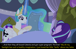 Size: 1474x960 | Tagged: safe, edit, edited screencap, screencap, princess celestia, starlight glimmer, a royal problem, g4, bronybait, confident, dorkly, fanfic, glowing horn, horn, horseshoes, implied shipping, list, magic, meta, raised eyebrow, reading, scroll, smiling, swapped cutie marks, telekinesis