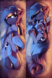 Size: 1024x1536 | Tagged: safe, artist:freeedon, princess luna, alicorn, pony, g4, body pillow, body pillow design, crown, cute, eyes closed, female, filly, jewelry, looking at you, lunabetes, mare, regalia, sleeping, smiling, solo, woona, younger