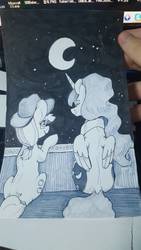 Size: 810x1440 | Tagged: safe, artist:passigcamel, applejack, princess luna, alicorn, earth pony, pony, g4, applejack's hat, balcony, cowboy hat, crescent moon, eyes closed, female, hat, mare, moon, night, rear view, sitting, smiling, traditional art