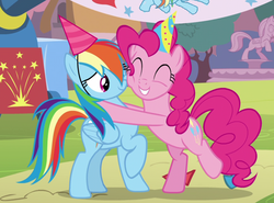 Size: 867x643 | Tagged: safe, screencap, pinkie pie, rainbow dash, g4, secrets and pies, birthaversary, cropped, duo, hat, hug, party hat