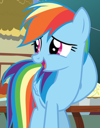 Size: 825x1050 | Tagged: safe, screencap, rainbow dash, pegasus, pony, g4, secrets and pies, confession, cropped, cute, dashabetes, embarrassed, female, hooves behind head, mare, open mouth, raised hoof, sheepish grin, shy, shy dashie, smiling, solo
