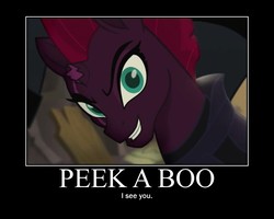 Size: 750x600 | Tagged: safe, edit, edited screencap, screencap, tempest shadow, g4, my little pony: the movie, bronybait, cute, evil smile, female, grin, happy, motivational poster, peekaboo, pretty pretty tempest, silly little ponies, smiling, smirk, solo, tempestbetes