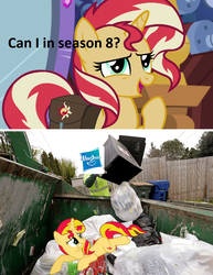 Size: 888x1148 | Tagged: safe, sunset shimmer, pony, unicorn, g4, abuse, bags, drama, grammar error, hasbro, magic mirror, shimmerbuse, trash