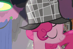 Size: 300x200 | Tagged: safe, screencap, pinkie pie, earth pony, pony, g4, season 7, secrets and pies, animated, deerstalker, detective, female, gif, hat, impact font, mare, sherlock pie, solo, subtitles
