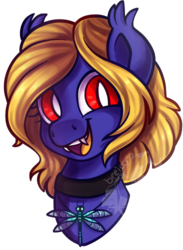 Size: 366x500 | Tagged: safe, artist:breloomsgarden, oc, oc only, oc:butter cream, bat pony, dragonfly, bat pony oc, bust, fangs, happy, jewelry, looking at you, pendant, portrait, red eyes, simple background, smiling, solo, transparent background