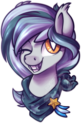 Size: 370x550 | Tagged: safe, artist:breloomsgarden, oc, oc only, oc:cobalt comet, bat pony, bandana, bat pony oc, bust, clothes, commission, fangs, looking at you, one eye closed, portrait, scarf, simple background, smiling, solo, transparent background, wink