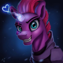 Size: 1200x1200 | Tagged: safe, artist:vittorionobile, tempest shadow, pony, unicorn, g4, my little pony: the movie, broken horn, evil grin, eye scar, female, gradient background, grin, happy, heart, horn, looking at you, mare, pretty pretty tempest, scar, smiling, smirk, solo, sparking horn