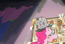 Size: 300x200 | Tagged: safe, screencap, pinkie pie, earth pony, pony, g4, season 7, secrets and pies, animated, caption, deerstalker, detective, female, gif, hat, image macro, impact font, mare, pointing, reaction image, sherlock pie, solo, subtitles, text, why