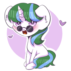 Size: 2500x2500 | Tagged: source needed, useless source url, safe, artist:nyanxleb, oc, oc only, oc:crescent, pony, unicorn, blind, blushing, chibi, freckles, glasses, heart, high res, looking at you, open mouth, sitting, solo