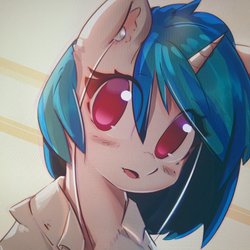 Size: 2048x2048 | Tagged: safe, artist:mirroredsea, dj pon-3, vinyl scratch, pony, unicorn, g4, blushing, clothes, colored pupils, earbuds, female, high res, horn, mare, missing accessory, open mouth, shirt, solo