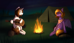 Size: 3100x1800 | Tagged: source needed, useless source url, safe, artist:shiro-roo, oc, oc only, oc:butter cream, oc:light landstrider, bat pony, pony, unicorn, bandana, campfire, camping, commission, cutie mark, eyes closed, female, fire, grass, guitar, logs, love, male, mare, night, singing, smiling, stallion, tent