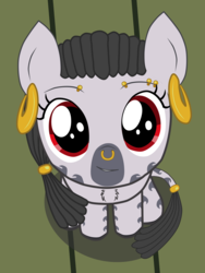 Size: 3000x4000 | Tagged: safe, artist:theonewithoutaname, part of a set, oc, oc only, oc:desta, zebra, badumsquish's kitties, chest fluff, cute, ear piercing, earring, eyebrow piercing, female, filly, floor, foal, i can't believe it's not badumsquish, jewelry, looking at you, looking up, looking up at you, nose piercing, nose ring, piercing, red eyes, simple background, sitting, solo, tail, zebra oc