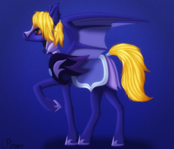 Size: 2000x1721 | Tagged: source needed, useless source url, safe, artist:ky3eh, oc, oc only, oc:butter cream, bat pony, dragonfly, commission, female, jewelry, mare, night guard, pendant, raised hoof, solo