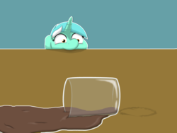 Size: 3624x2718 | Tagged: safe, artist:ljdamz1119, lyra heartstrings, pony, g4, chocolate, chocolate milk, everything is ruined, exploitable meme, female, food, glass, high res, meme, milk, peeking, pure unfiltered evil, solo, spilled milk, table, xk-class end-of-the-world scenario