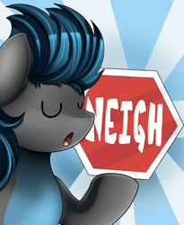 Size: 1446x1764 | Tagged: safe, artist:pridark, oc, oc only, pony, :o, commission, eyes closed, hoof hold, male, neigh, open mouth, sign, solo, stallion, stop sign, sunburst background, unstable unicorns