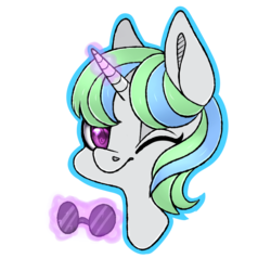 Size: 1024x1024 | Tagged: safe, artist:pinipy, oc, oc only, oc:crescent, pony, unicorn, blind, bust, commission, glasses, magic, one eye closed, portrait, simple background, solo, transparent background, wink