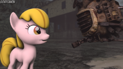 Size: 3840x2160 | Tagged: safe, artist:goatcanon, artist:wiimeiser, spike, oc, oc:puppysmiles, oc:watcher, dragon, earth pony, pony, robot, fallout equestria, fallout equestria: pink eyes, g4, 3d, canterlot ghoul, crossover, fallout, fanfic, fanfic art, female, filly, foal, high res, hooves, open mouth, source filmmaker, spritebot, wasteland, wrong eye color
