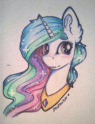 Size: 1024x1331 | Tagged: safe, artist:dexterisse, princess celestia, alicorn, pony, g4, blushing, bust, colored pencil drawing, female, jewelry, looking at you, mare, peytral, portrait, simple background, solo, traditional art, white background
