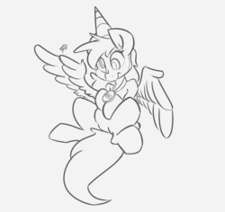 Size: 2360x2232 | Tagged: safe, artist:leadhooves, derpy hooves, pegasus, pony, g4, my little pony: the movie, cute, derpabetes, derpy's sacrifice, female, flying, good end, hat, hero, high res, mare, medal, monochrome, party hat, simple background, sitting, smiling, solo, spread wings, wings