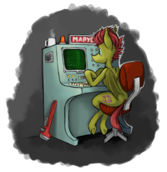 Size: 1024x1054 | Tagged: safe, artist:skrapbox, oc, oc only, oc:alkarasu, bat pony, pony, chair, coffee mug, computer, cyrillic, gift art, mug, single, sitting, solo, wrench