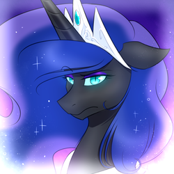 Size: 1000x1000 | Tagged: safe, artist:cosmalumi, nightmare moon, pony, g4, crown, eyeshadow, female, floppy ears, jewelry, looking at you, makeup, mare, regalia, slit pupils, solo