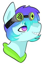 Size: 600x900 | Tagged: safe, artist:veincchi, oc, oc only, oc:raven mcchippy, earth pony, pony, bust, goggles, grin, simple background, smiling, solo, transparent background