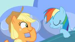 Size: 12800x7200 | Tagged: safe, artist:frownfactory, edit, applejack, rainbow dash, earth pony, pegasus, pony, g4, secrets and pies, absurd resolution, applejack's hat, bed, blanket, cowboy hat, eyes closed, female, freckles, hat, lesbian, mare, pillow, ship:appledash, shipping, sleeping, smiling