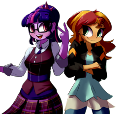 Size: 4661x4320 | Tagged: safe, artist:luxaestas, sci-twi, sunset shimmer, twilight sparkle, equestria girls, g4, absurd resolution, blushing, clothes, crossed arms, cute, glasses, jacket, looking at each other, pants, ponytail, shimmerbetes, simple background, smiling, twiabetes, vest