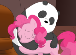 Size: 3549x2567 | Tagged: safe, artist:porygon2z, pinkie pie, bear, earth pony, panda, pony, g4, crossover, duo, eyes closed, female, high res, hug, male, mare, panda (we bare bears), we bare bears
