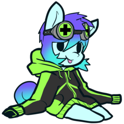 Size: 1558x1555 | Tagged: safe, artist:neoncel, oc, oc only, oc:raven mcchippy, earth pony, pony, :p, chibi, clothes, goggles, hoodie, simple background, solo, tongue out, transparent background
