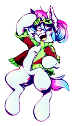 Size: 638x1074 | Tagged: safe, artist:anonymous, oc, oc only, oc:raven mcchippy, earth pony, pony, clothes, goggles, hoodie, solo