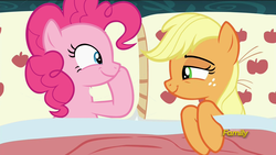 Size: 1920x1080 | Tagged: safe, edit, edited screencap, screencap, applejack, pinkie pie, earth pony, pony, 28 pranks later, g4, secrets and pies, applejack's bed partner, bed, female, lesbian, mare, meme, pillow, ship:applepie, shipping